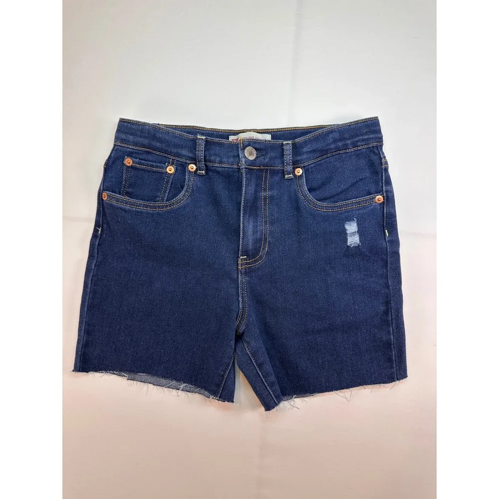 Levis Kids Girls High Rise Straight Dark Wash Distressed Denim Shorts Size 14